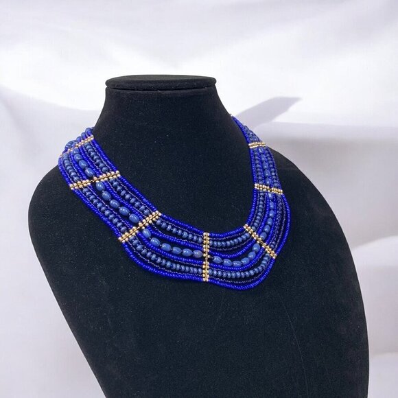 Cobalt Blue & Gold Bib Style Multi Strand Princess Necklace Boho Tribal 18"L - Picture 3 of 5